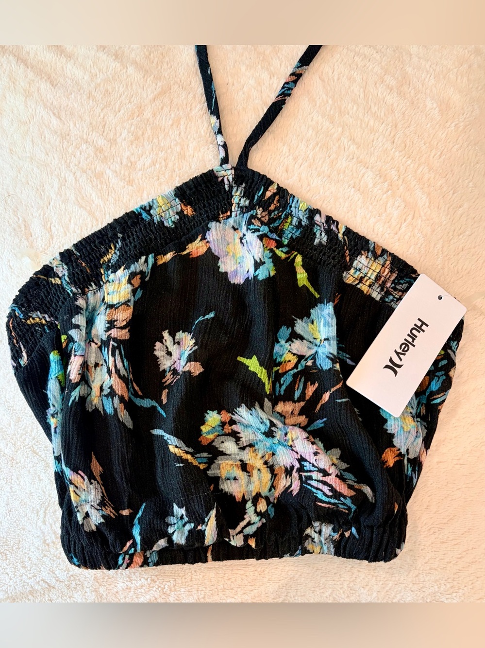 NWT Hurley Black Floral Smocked Halter Crop Top